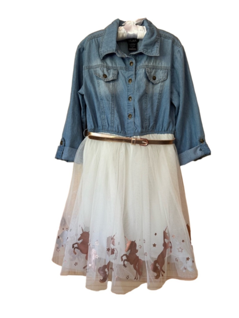 Pink & Violet denim shirt dress with unicorn print tulle skirt girls size 8